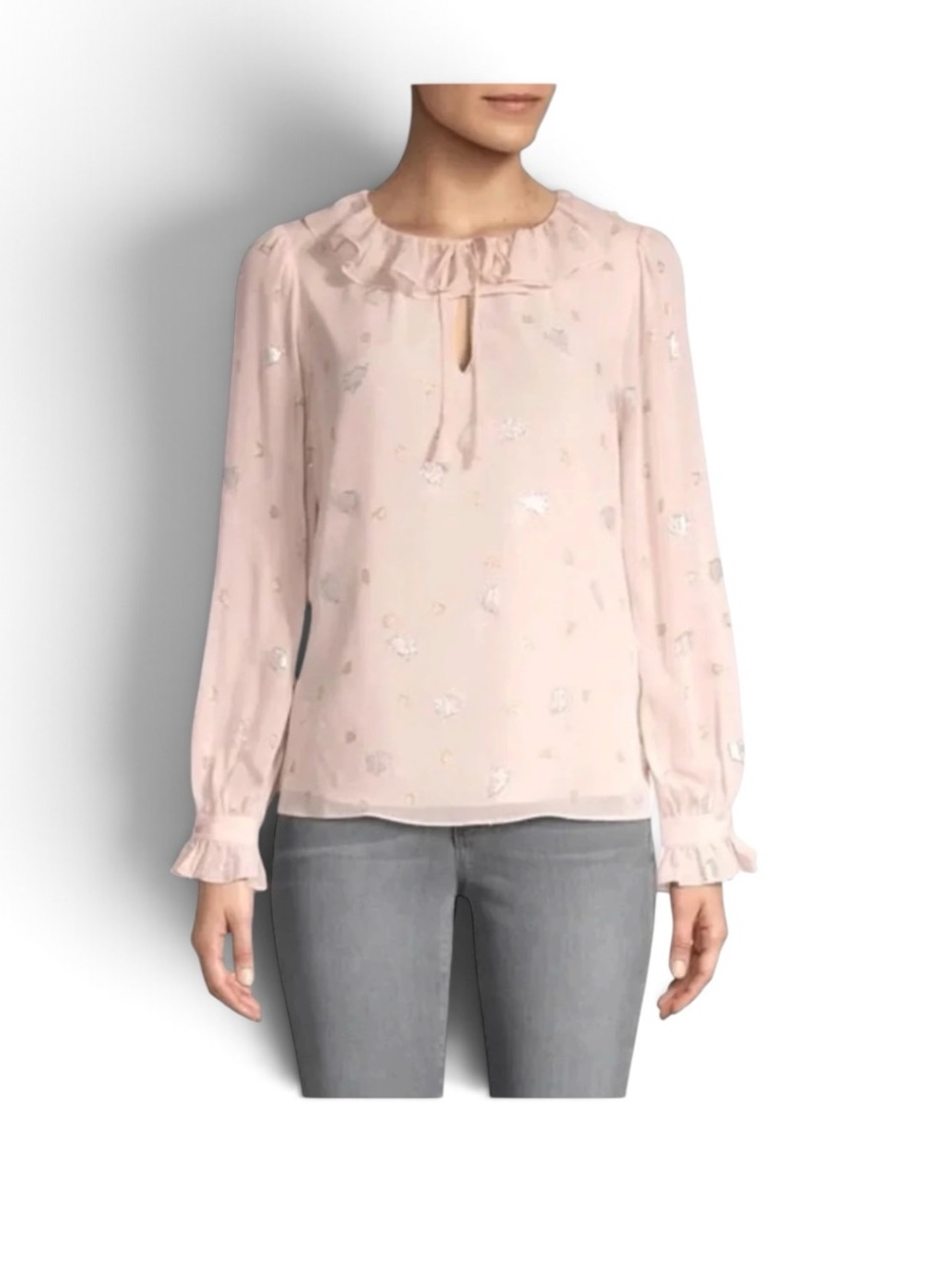 Rebecca Taylor Silk Floral Scattered Tulip Clip Ruffle Metallic Peasant Top - 6
